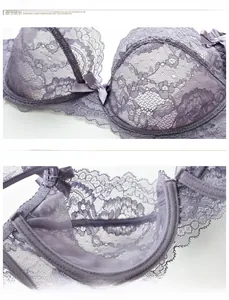 Close-up of purple lace bra with sheer floral mesh and elegant satin bow detail