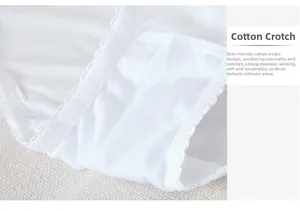 Detail of the white lace panty featuring a breathable cotton crotch for comfort