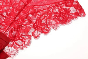Detailed close-up of intricate red floral lace and delicate eyelash trim on lingerie