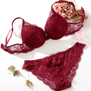 Detail view of burgundy floral lace lingerie set with push-up bra and matching panty
