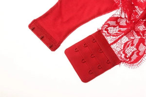 Detail of red eyelash lace lingerie showing the three-row hook and eye back closure