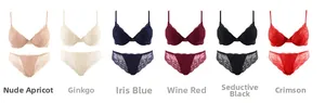Lace bra and panty sets displayed in six vibrant colors including wine red and iris blue