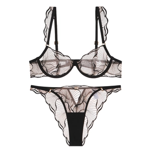 French style thin black lace lingerie set with floral embroidery and ruffle straps