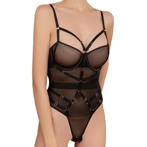 Sexy black mesh bodysuit for women with crisscross straps and gold hardware accents