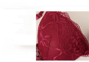 Close-up of wine red lace bra featuring floral embroidery and eyelash lace trim details