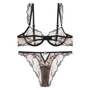 Lace embroidery lingerie set with black mesh bra and thong against a white background