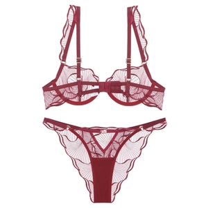 Detail view of burgundy lace lingerie set with floral embroidery and mesh texture