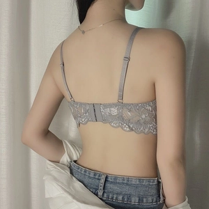 Grey lace lingerie bra for women featuring delicate embroidery and adjustable straps