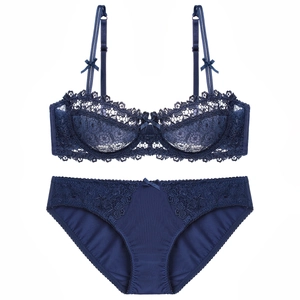 Sexy dark blue lace lingerie set with floral embroidery and underwire push up bra