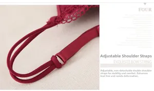 Close-up of adjustable burgundy shoulder straps and delicate floral lace detail
