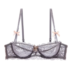 Elegant grey floral lace balconette bra with pink bows in French minimalist style
