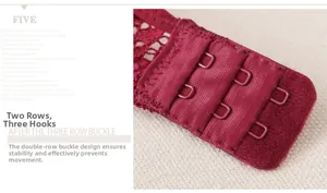 Detail of the two-row three-hook back closure on a burgundy lace push-up bra for stability