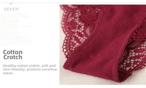 Detailed close-up of dark red lace panties featuring a soft cotton crotch lining for comfort