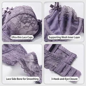 Ensemble soutien-gorge en dentelle violette transparente avec détails brodés fleurs