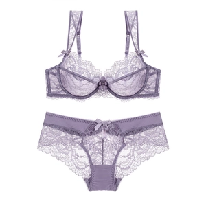 Lace lingerie set with underwire bra and matching panties in lavender violet color