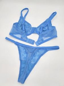 Detailed flat lay of bright blue lace bra and thong set with rose floral mesh patterns