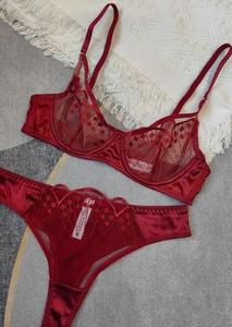 Detail of dark red lace lingerie set with satin texture and delicate dot embroidery