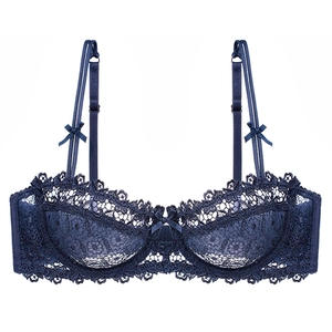 Sexy dark blue lace half-cup bra with floral patterns and delicate silk bow accents