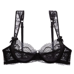 Soutien-gorge sexy en dentelle noire transparente avec armatures et petits nœuds en soie