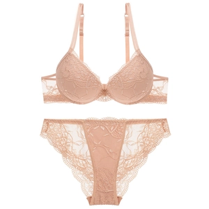 Nude pink lace lingerie set with push-up wired bra and matching mesh panties