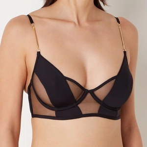 Soutien-gorge à armature en mesh français pour femmes noir avec détails métalliques dorés