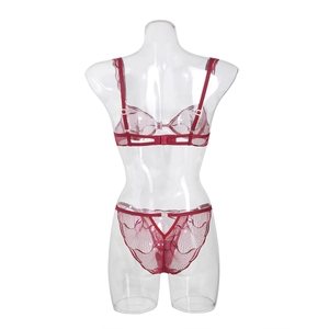 Detail of red ultra-thin lace bra set with exquisite wave embroidery and sheer mesh