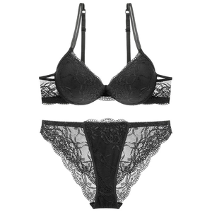 Lace push-up bra and panty set in black featuring deep V-neck and floral pattern