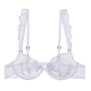 Reggiseno in pizzo bianco con ricamo a foglia, spalline con volant e ferretto base
