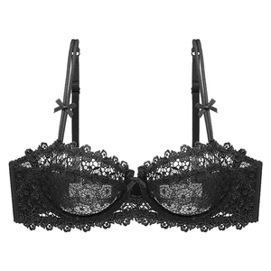 Elegant black lace balconette bra with delicate silk bows and supportive underwire