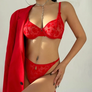 Sexy red lace lingerie set with floral embroidery and underwire bra with thong
