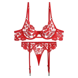 Détails de broderie lèvres rouges sur lingerie en résille avec boucles métalliques