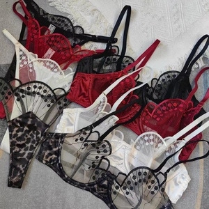 Lingerie Sexy en Dentelle Brodée de Style Français Soutien-Gorge en Maille Transparente Et String Pour Femme Mode