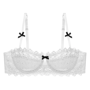Elegant white lace bra with semi-sheer floral patterns and black bow accents in a front view