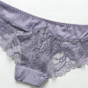 Elegant purple lace and satin low-waist briefs with intricate floral embroidery details