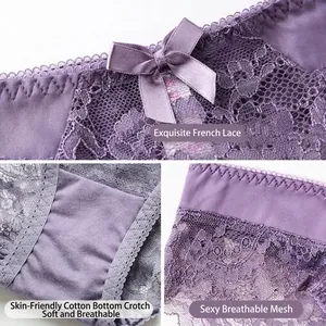 Purple lace panties with cotton crotch and transparent mesh details for women