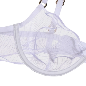 Dettaglio del ricamo in pizzo bianco e del tessuto a rete sul reggiseno in stile francese