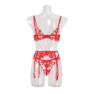 Vue arrière d'un ensemble de lingerie rouge brodé de lèvres avec porte-jarretelles