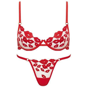 Détail de la broderie lèvres rouges sur soutien-gorge en maille avec anneaux dorés