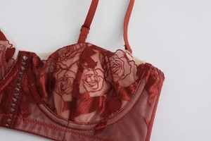 Detailed embroidery of wine red rose lace and semi-sheer mesh on soft underwire bra