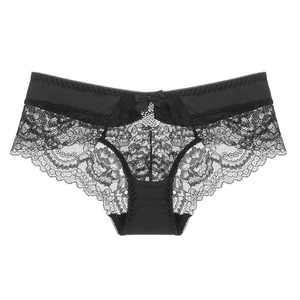 Sexy black lace low waist panties for women with sheer floral pattern and ribbon bow