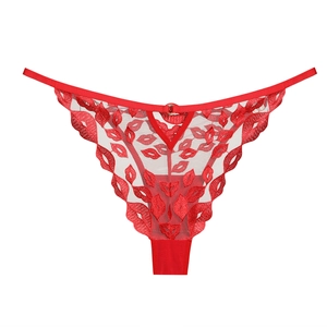 Dettaglio di slip in pizzo rosso con ricamo floreale, tessuto a rete e anello di metallo