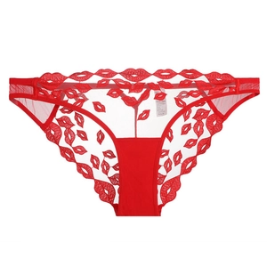 Mutandine sexy in pizzo rosso con ricamo a labbra e rete trasparente su bianco