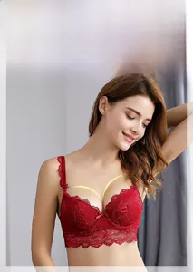 Detail view of red lace push-up bra with V-neckline, bow decoration and floral lace trim