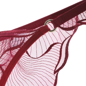 Close-up of sheer floral lace embroidery and gold ring hardware on deep red bra