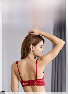Detailed back view of sexy red lace bra featuring three-row hooks and eyelash lace trim