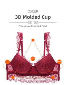 Detailed macro view of 3D lace cup design for push-up and lifting effect on burgundy bra