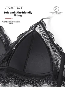Detail of soft skin-friendly lining and eyelash lace trim on black triangle bra
