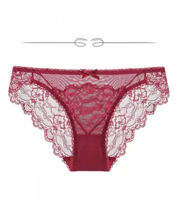 Detailed view of red floral lace panties with a central bow and breathable lining