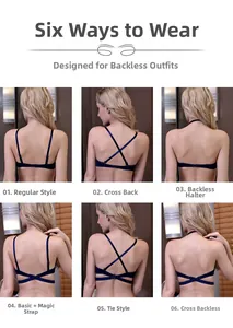 Six-way adjustable U-plunge backless bra showing multiple strap styles for low back outfits