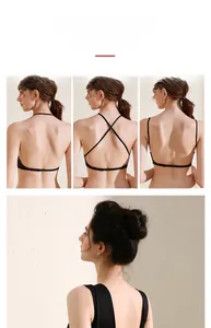 Detail of black backless U-plunge bra showing three adjustable strap styles
